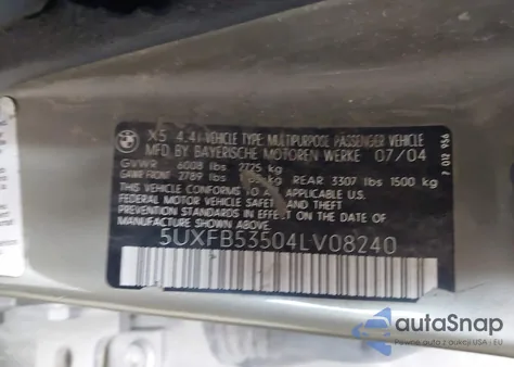 2004 BMW X5 4.4I from USA, damaged, VIN 5UXFB53504LV08240